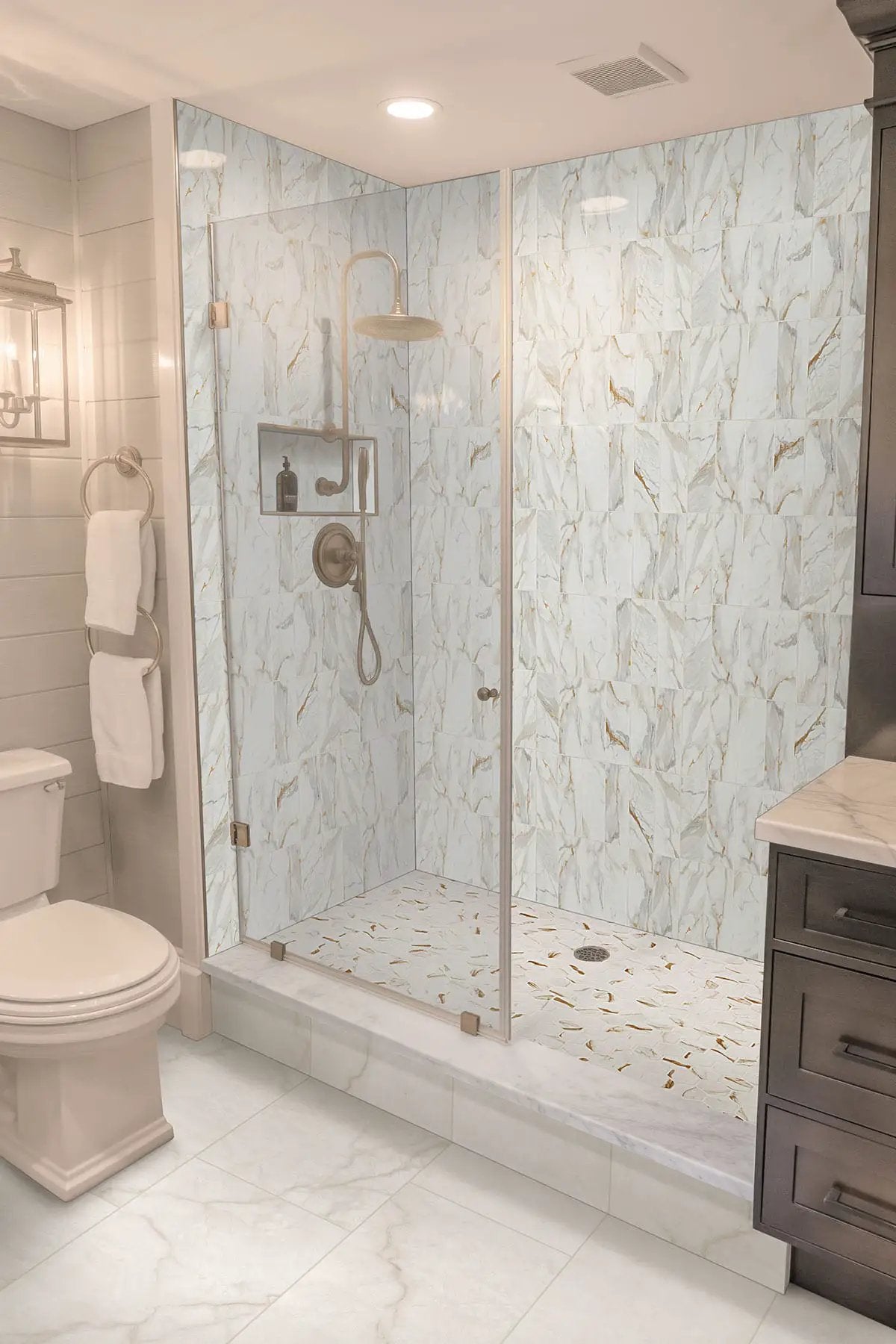 Calacatta Gold Matte Subway Tile 4x12 Porcelain Mosaics in a finished room