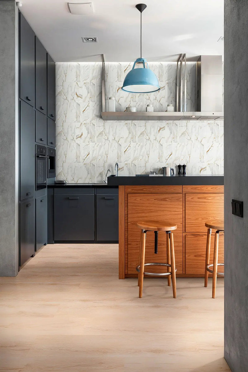 Calacatta Gold Matte Subway Tile 4x12 Porcelain Mosaics in a finished room