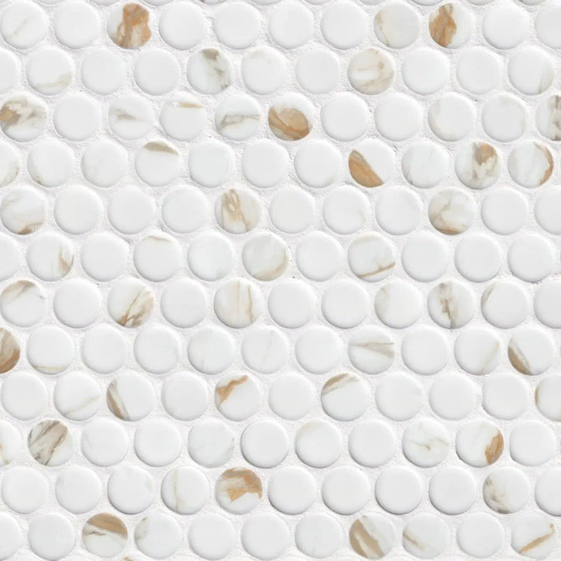 Calacatta Gold Matte Round Porcelain Mosaics close up