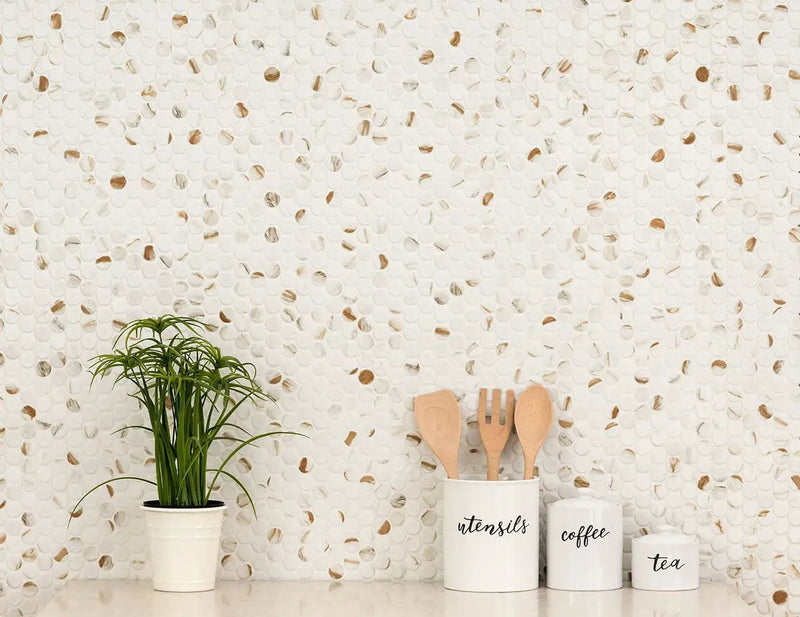 Calacatta Gold Matte Round Porcelain Mosaics in a finished room