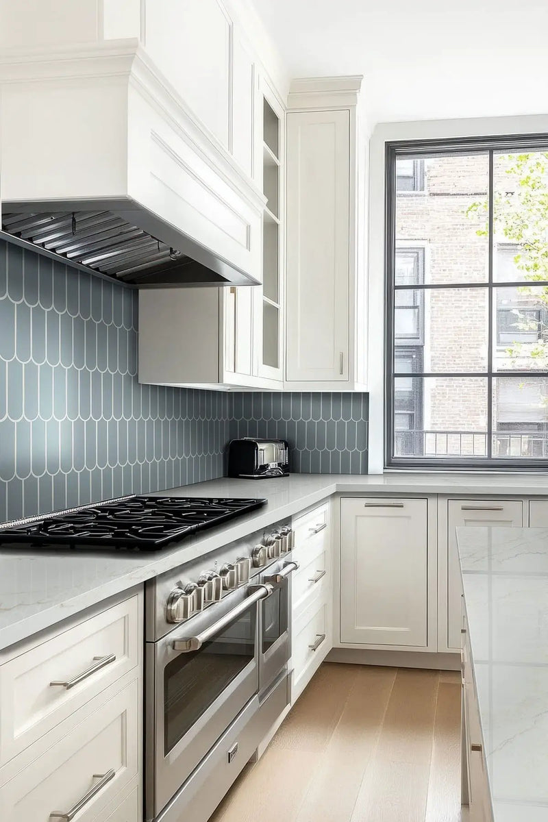 Cielo Azul Scallop Glossy Pattern Porcelain Mosaics in a finished room