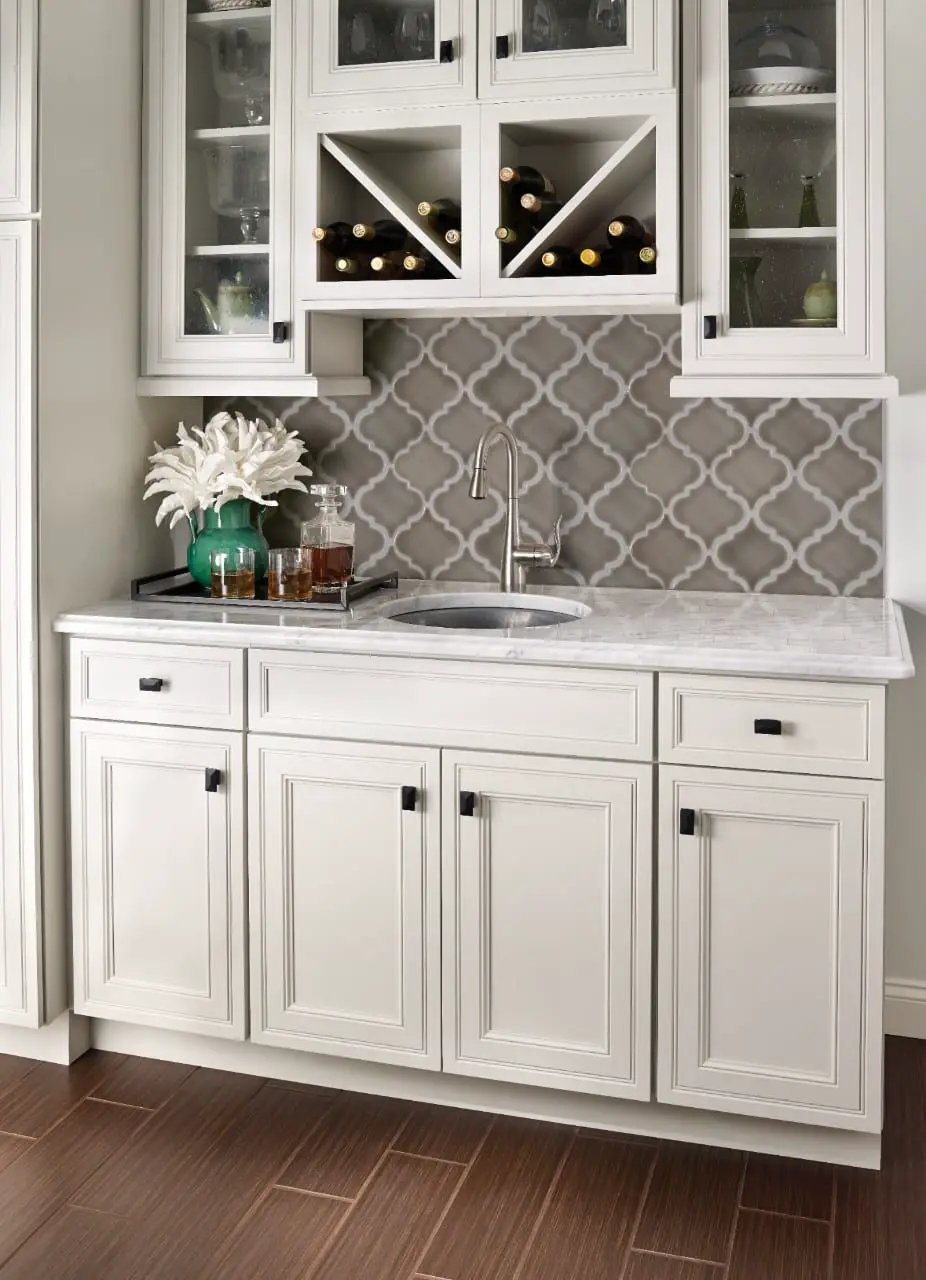 Dove Gray Arabesque Tile Glossy Pattern Ceramic Mosaics in a finished room