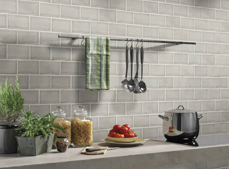 Dove Gray Subway Tile 3x6 Glossy Ceramic Mosaics in a finished room