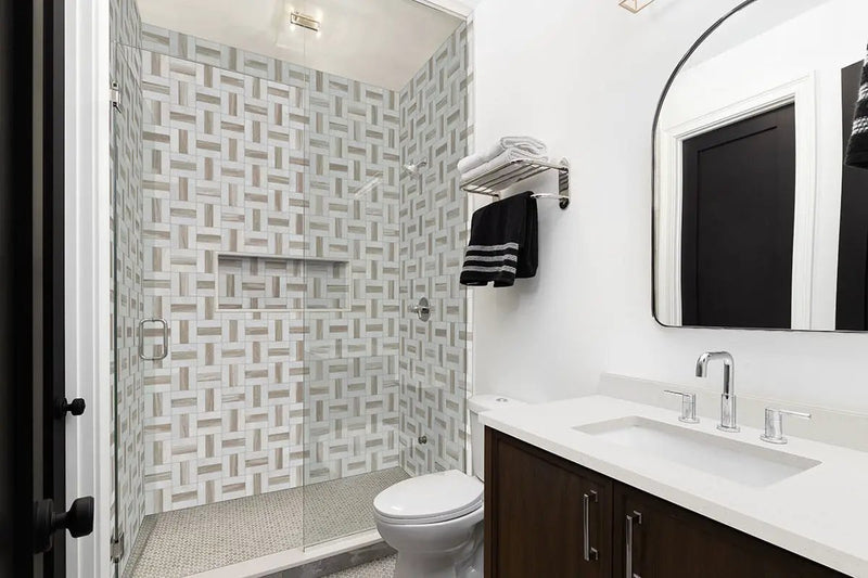 Myrtle Sands Round Matte Porcelain Mosaics in a finished room