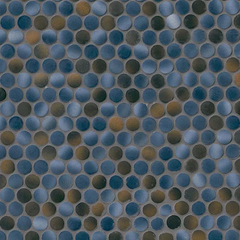 Penny Round Azul Glossy Porcelain Mosaics close up