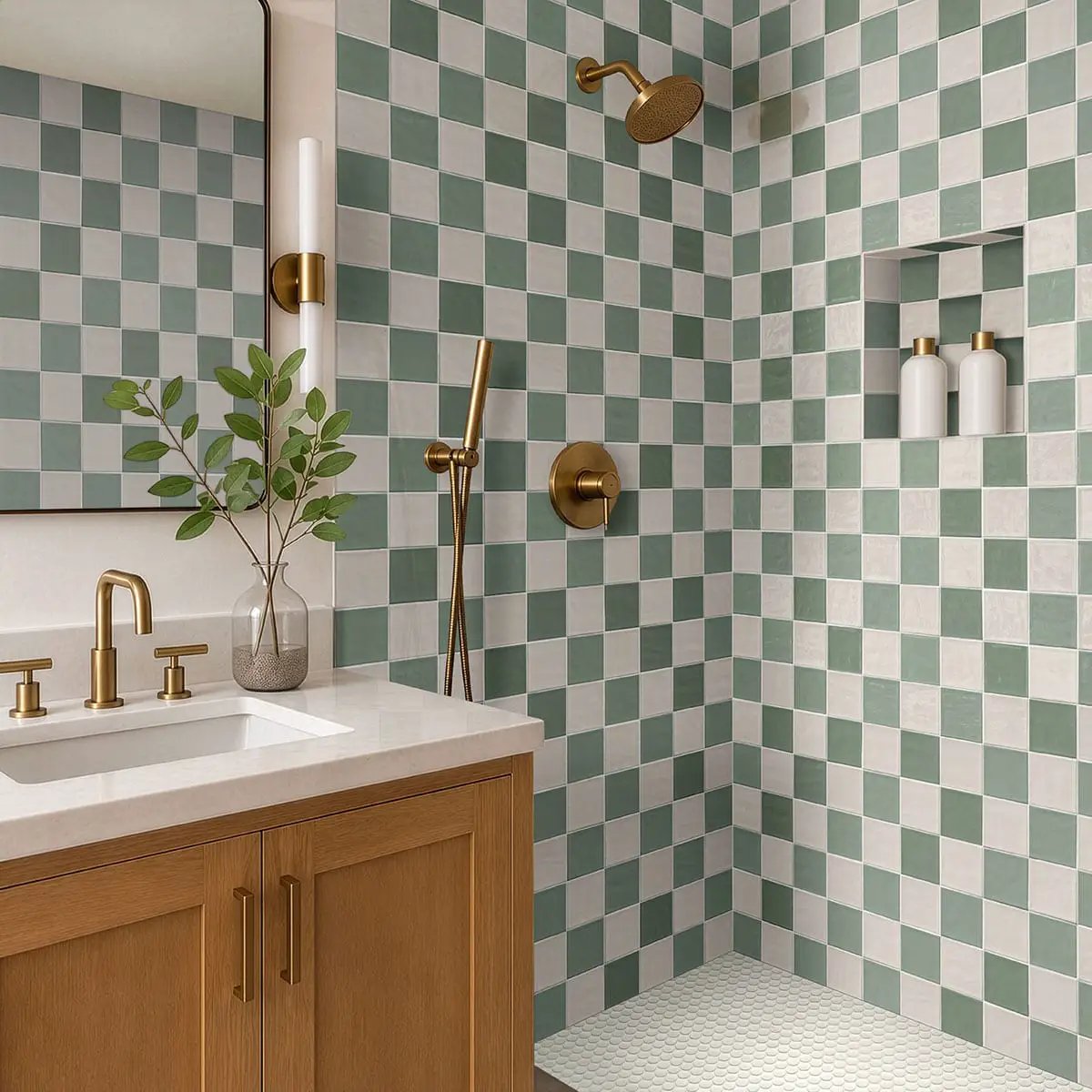 White Glossy Penny Round Mosaic Porcelain in a finished room