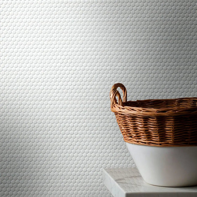 White Glossy Penny Round Mosaic Porcelain in a finished room