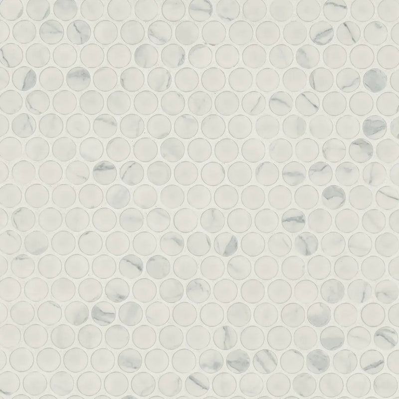 Carrara Matte Penny Round Porcelain Mosaics close up
