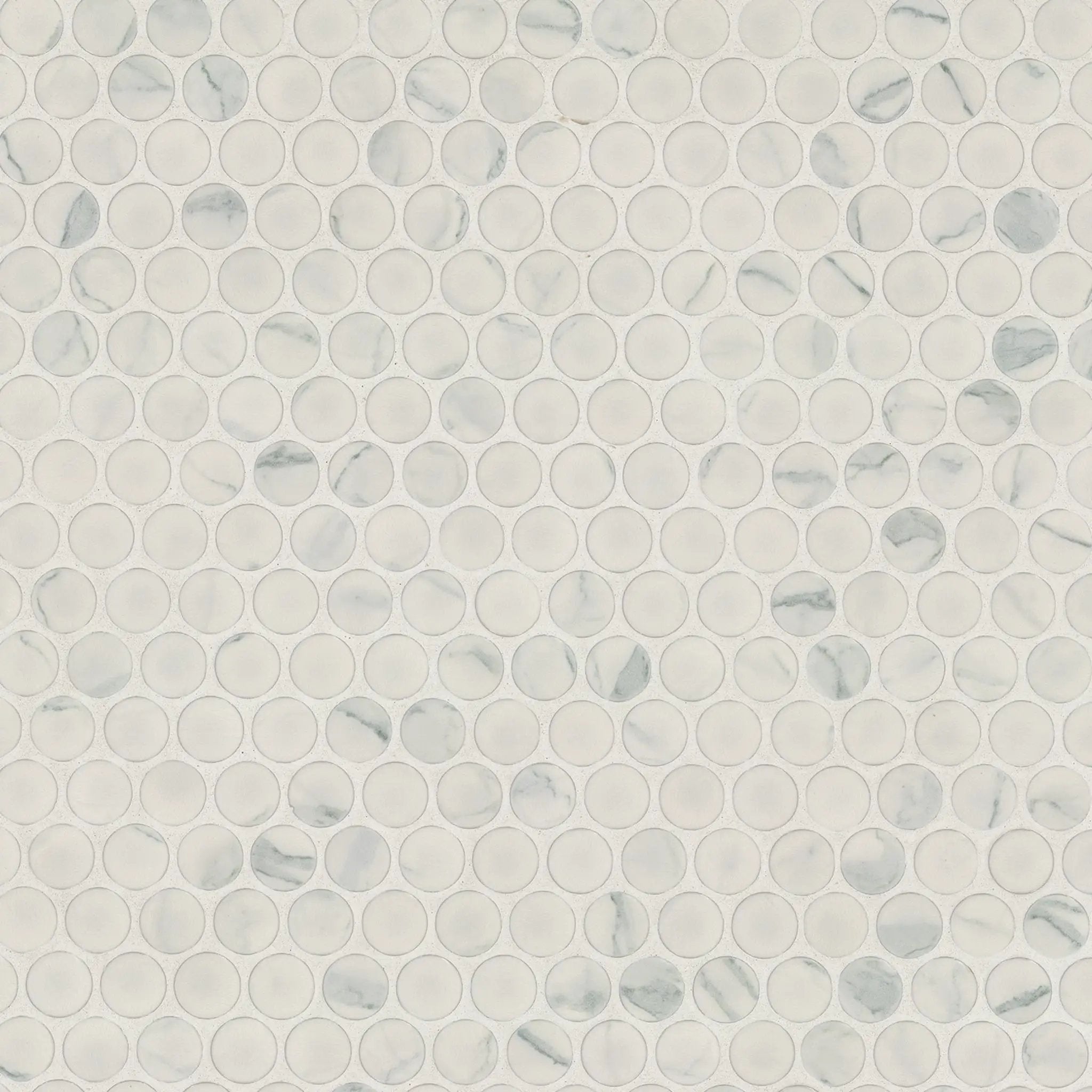 Carrara Matte Penny Round Porcelain Mosaics close up