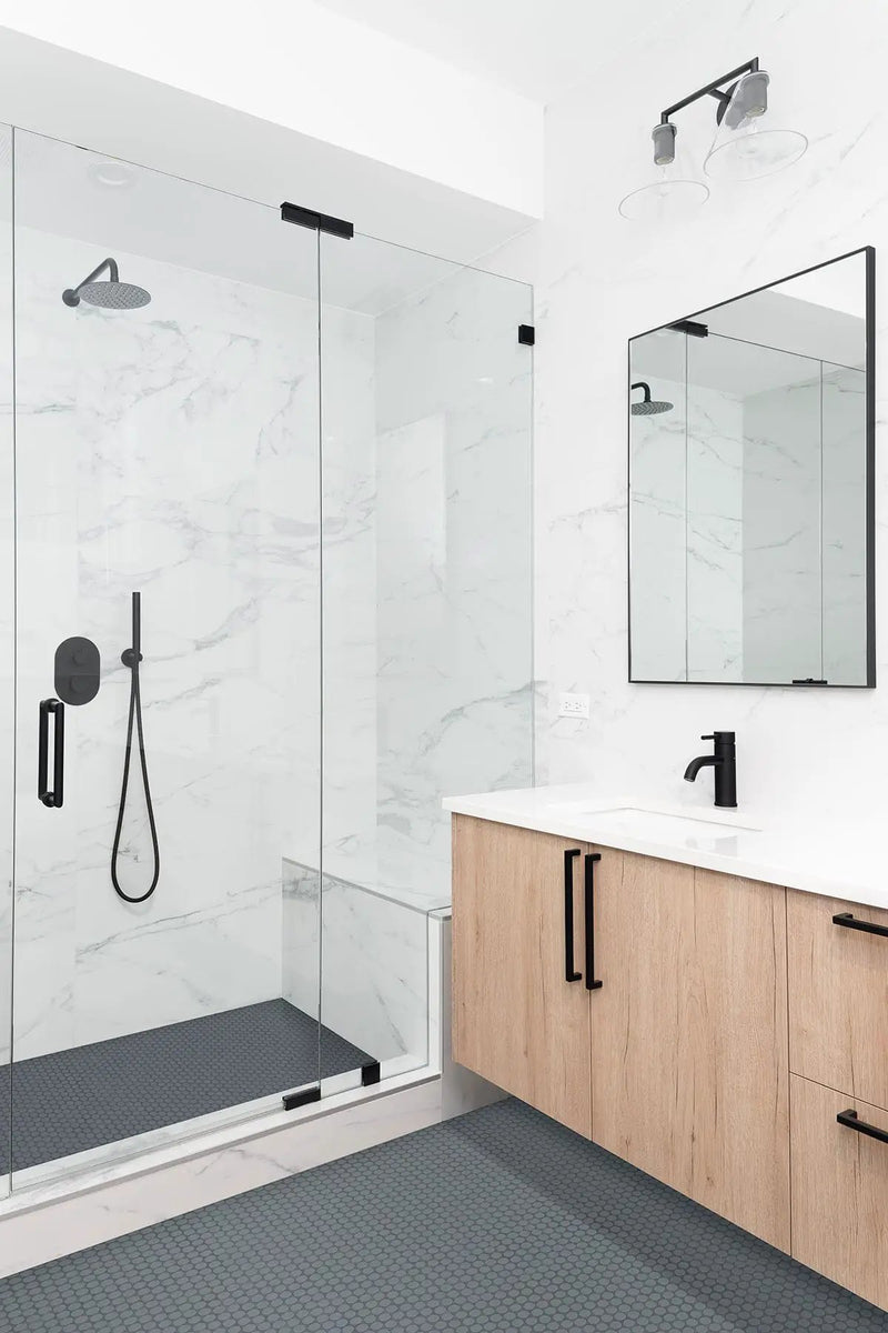 Cielo Azul Pennyround Glossy Penny Round Porcelain Mosaics in a finished room