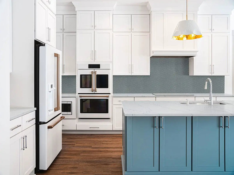 Cielo Azul Pennyround Glossy Penny Round Porcelain Mosaics in a finished room
