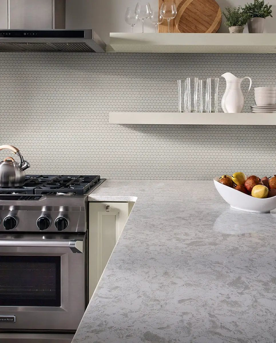 Gray Glossy Penny Round Mosaic Porcelain in a finished room