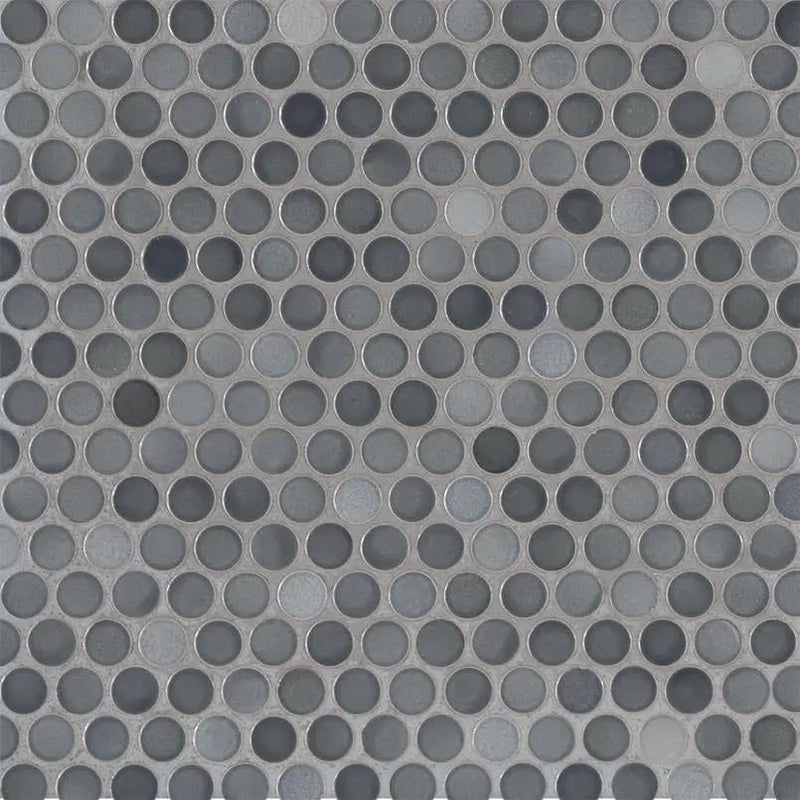 Penny Round Grigio Mix Glossy Porcelain Mosaics close up