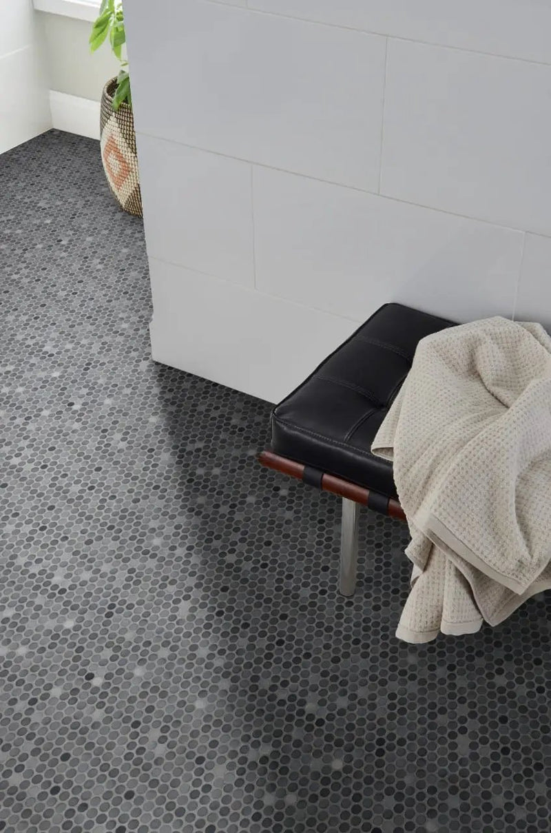 Penny Round Grigio Mix Glossy Porcelain Mosaics in a finished room