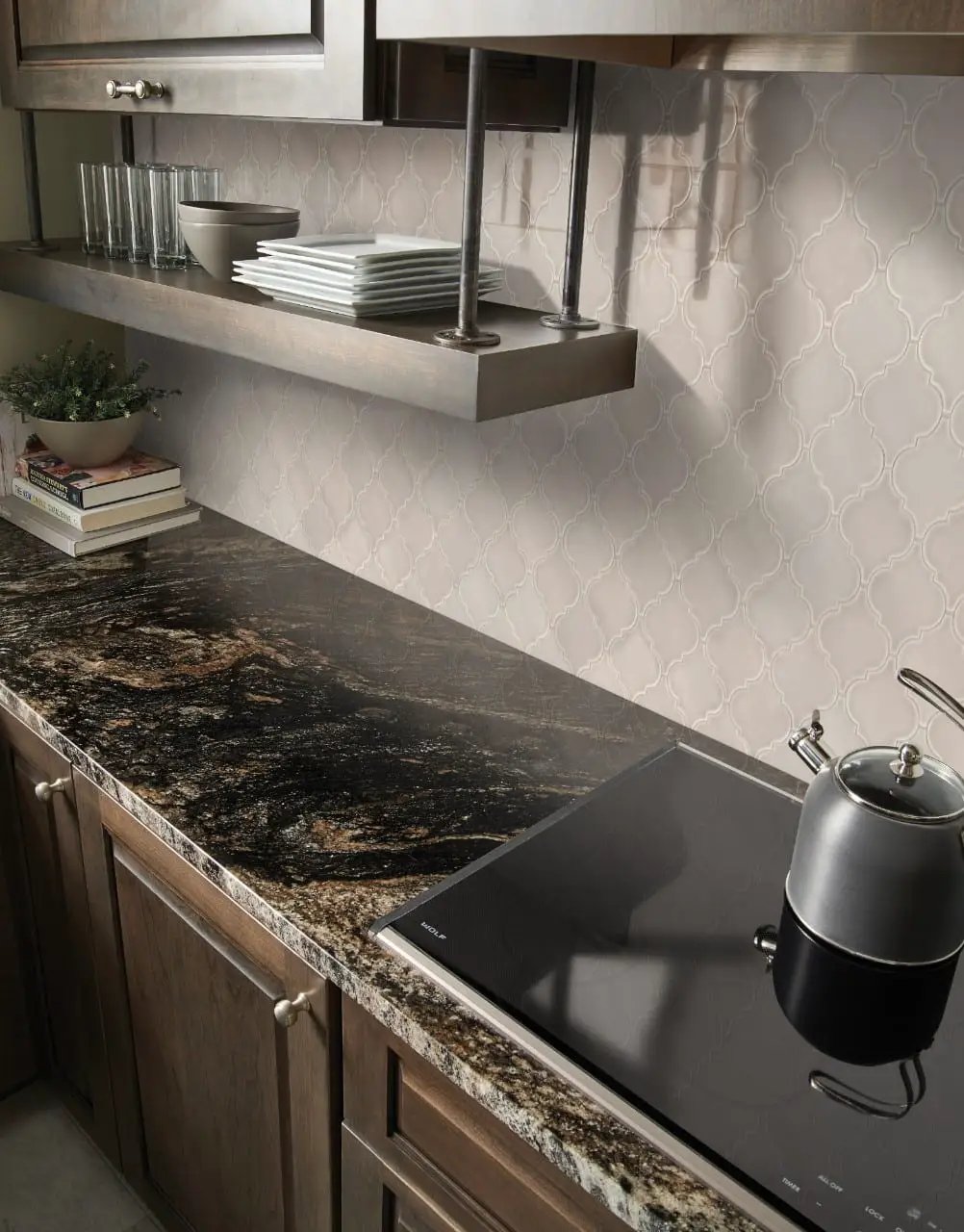 Portico Pearl Arabesque Tile Glossy Pattern Ceramic Mosaics in a finished room