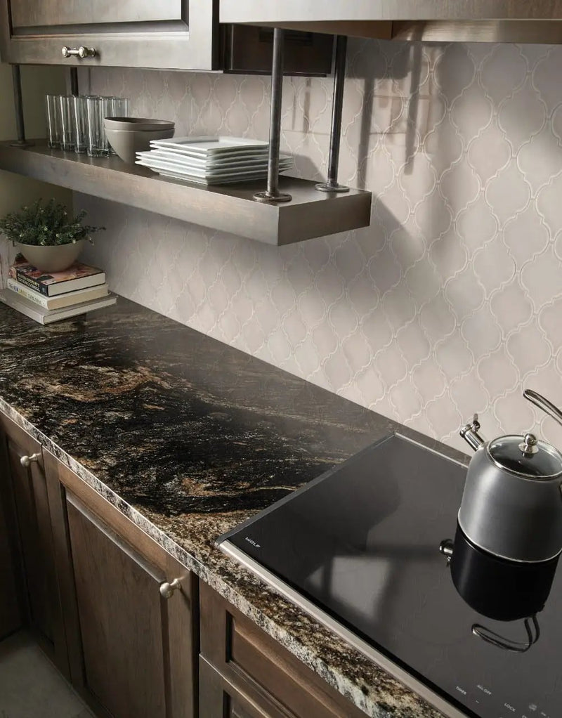 Portico Pearl Arabesque Tile Glossy Pattern Ceramic Mosaics in a finished room
