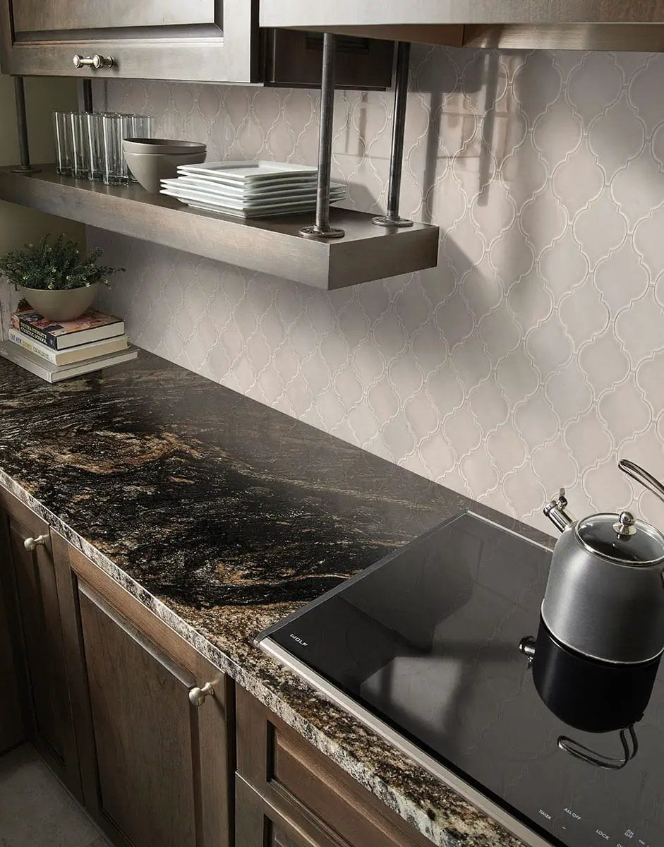 Portico Pearl Arabesque Tile Glossy Pattern Ceramic Mosaics in a finished room