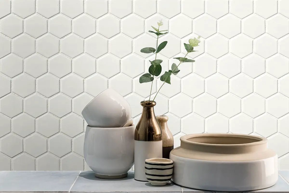 White Matte 2” Hexagon Mosaic Tile Porcelain 2x2 in a finished room