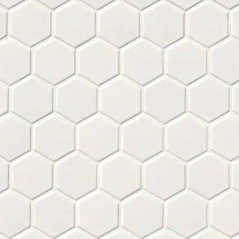 White Glossy 2” Hexagon Mosaic Tile Porcelain 2x2 close up
