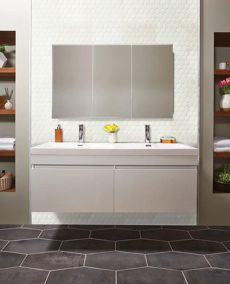 White Glossy 2” Hexagon Mosaic Tile Porcelain 2x2 in a finished room