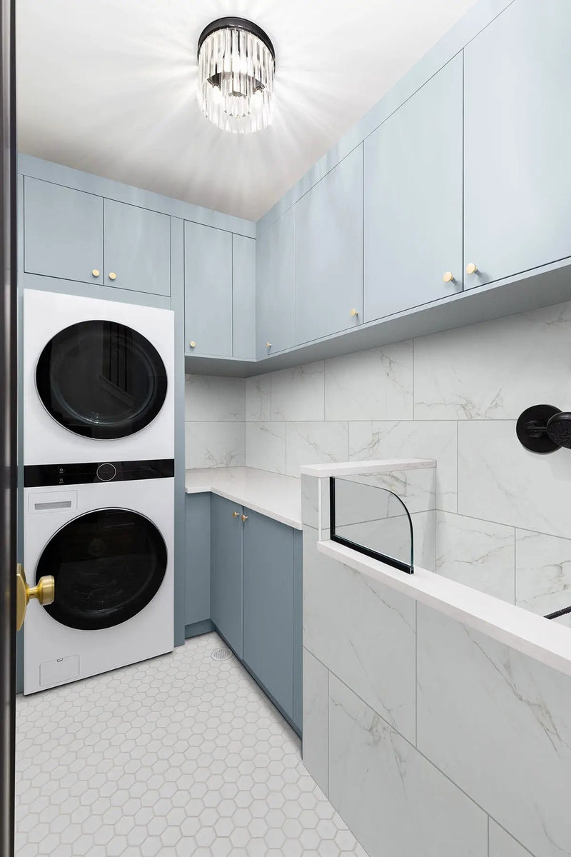 White Glossy 2” Hexagon Mosaic Tile Porcelain 2x2 in a finished room