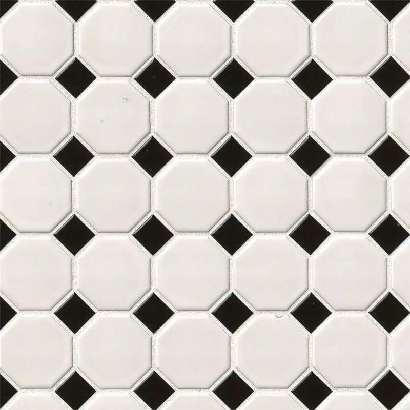 White And Black Matte Octagon Pattern Porcelain Mosaics close up
