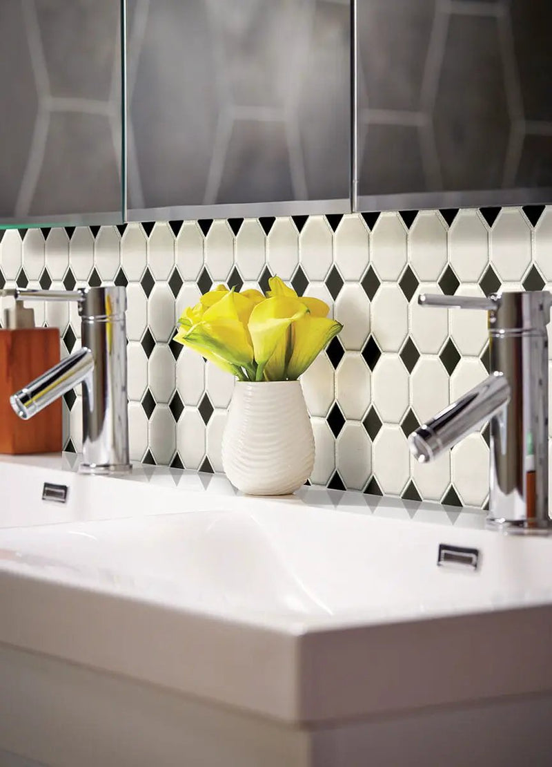 White And Black Matte Octagon Pattern Porcelain Mosaics in a finished room