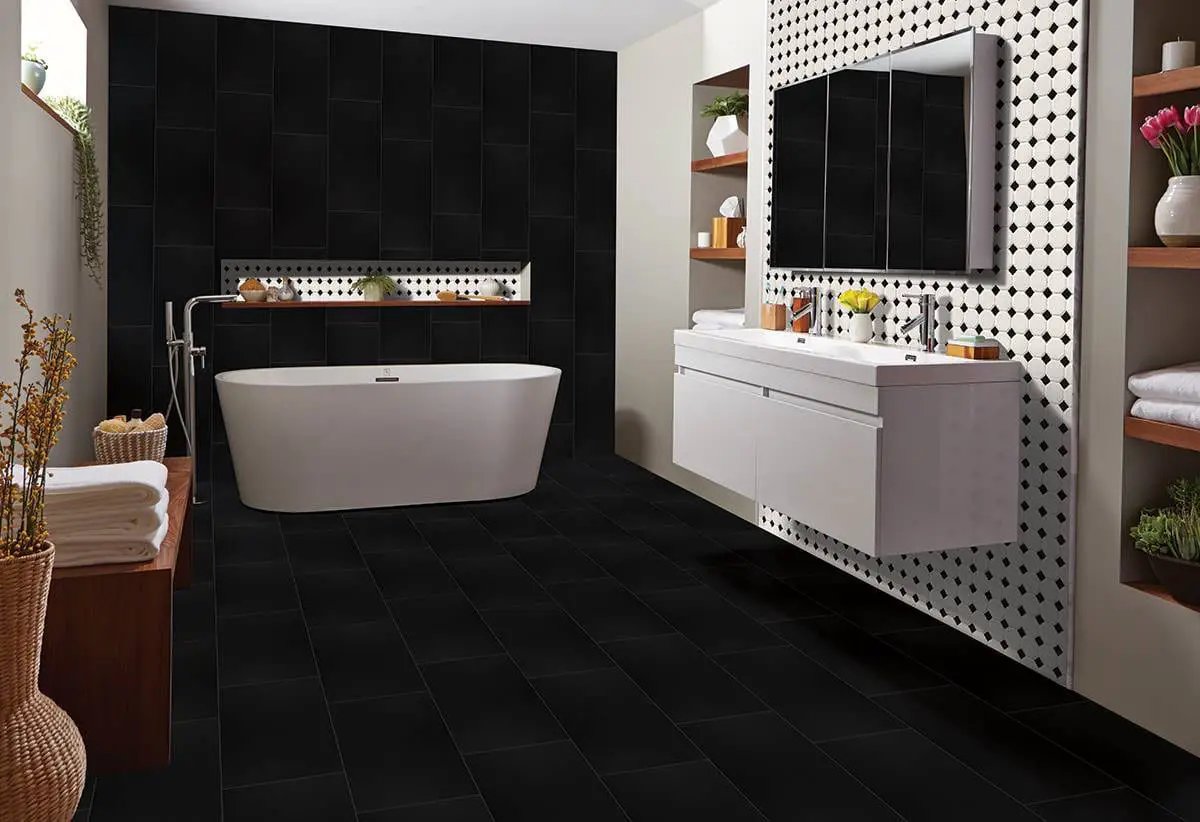 White And Black Matte Octagon Pattern Porcelain Mosaics in a finished room