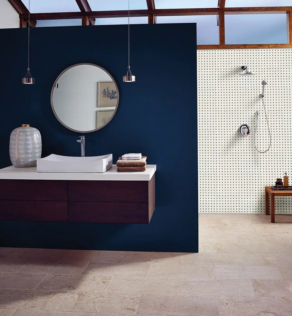 White And Black Matte Basket Weave Mosaic Basketweave Pattern Porcelain in a finished room