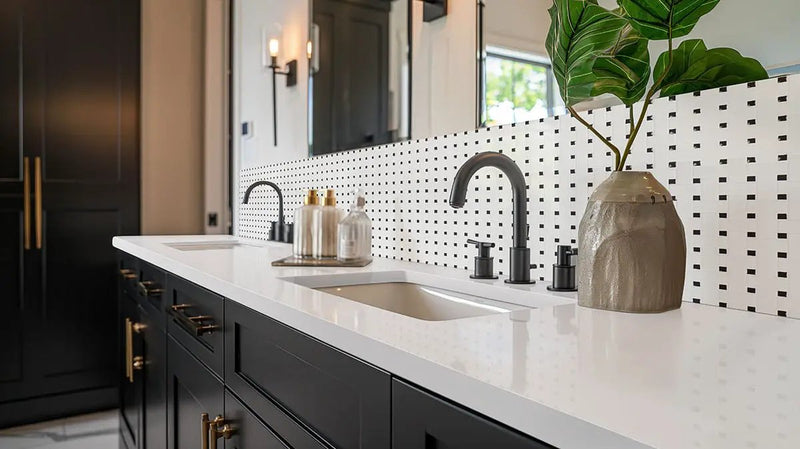 White And Black Matte Basket Weave Mosaic Basketweave Pattern Porcelain in a finished room