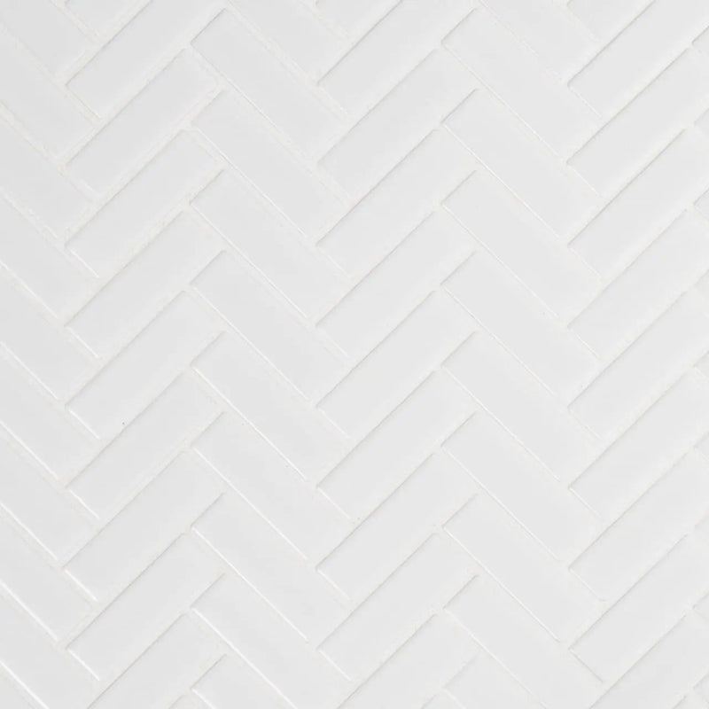 White Glossy Herringbone Mosaic Porcelain close up