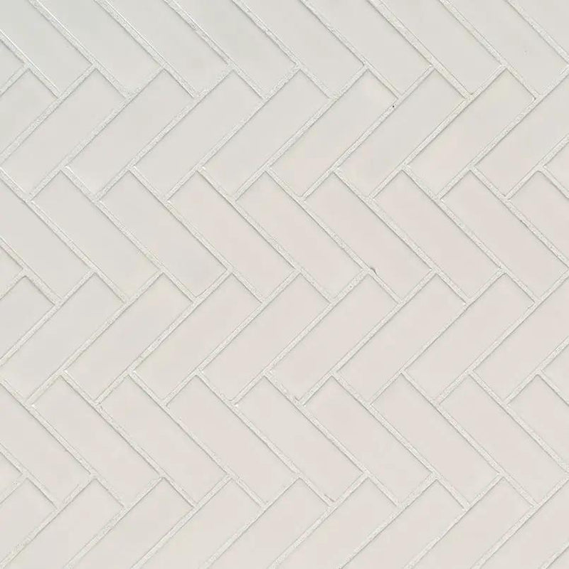 White Glossy Herringbone Mosaic Porcelain close up