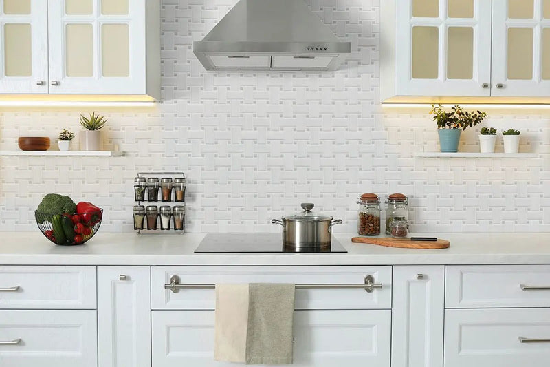White And Gray Matte Basketweave 6mm Pattern Porcelain Mosaics in a finished room