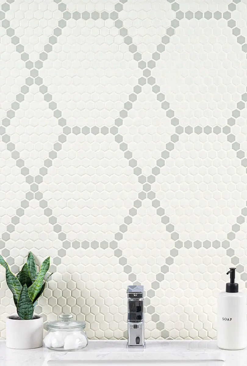 White And Gray Hive Pattern Matte Porcelain Mosaics in a finished room