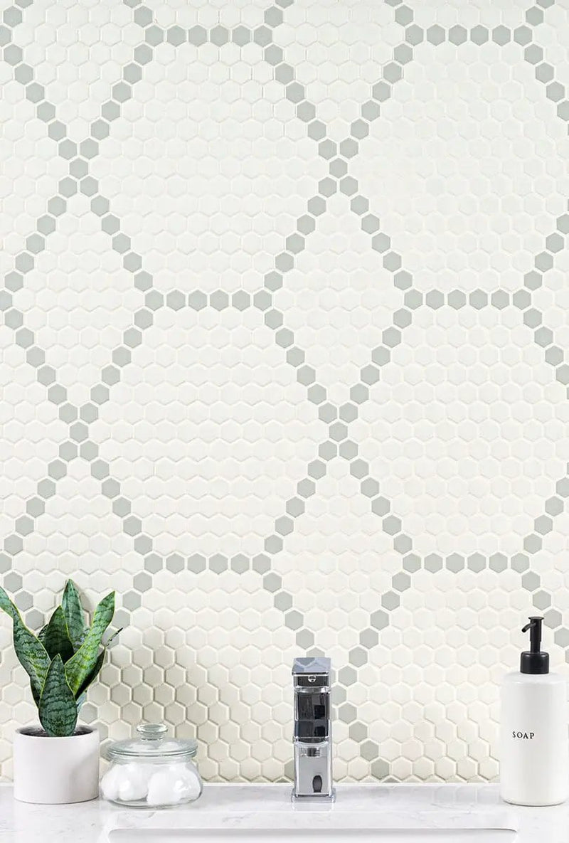 White And Gray Hive Pattern Matte Porcelain Mosaics in a finished room