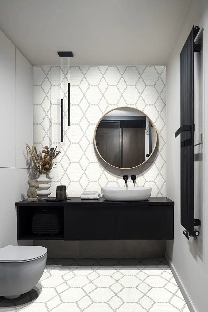 White And Gray Hive Pattern Matte Porcelain Mosaics in a finished room