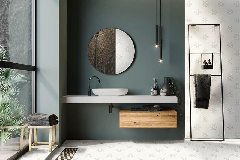White And Gray Mod Petal Pattern Matte Porcelain Mosaics in a finished room