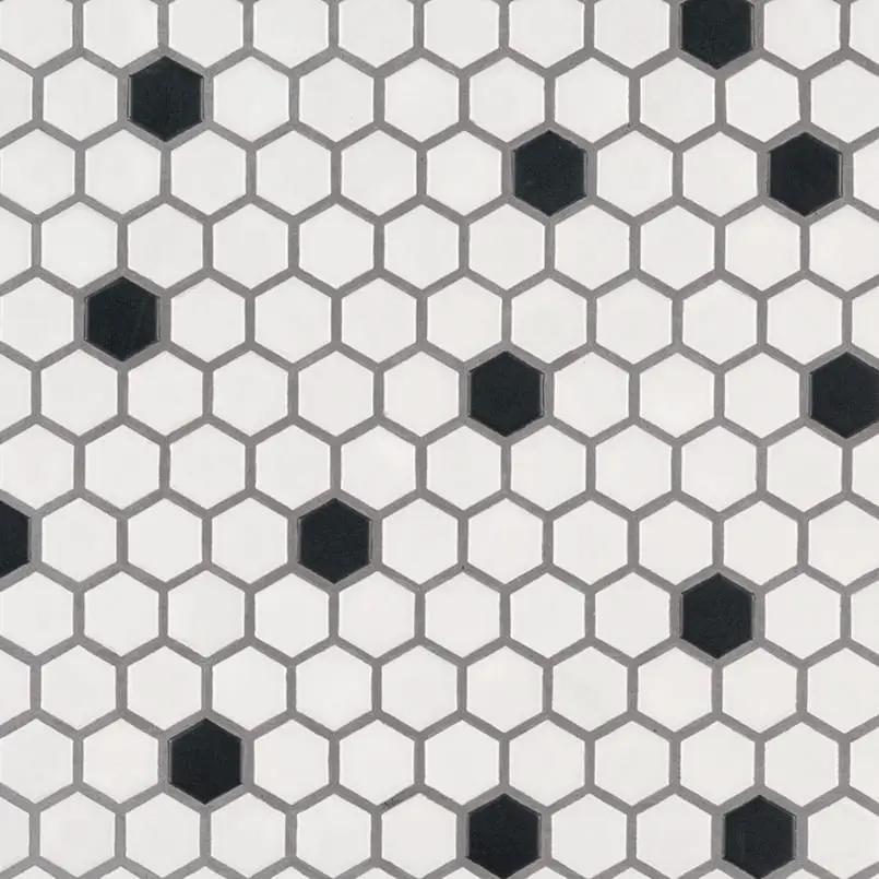 Black And White 1” Hexagon Mosaic Tile Matte Porcelain 1x1 close up