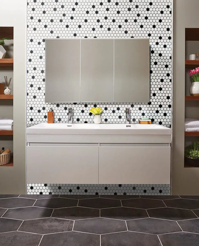 Black And White 1” Hexagon Mosaic Tile Matte Porcelain 1x1 in a finished room