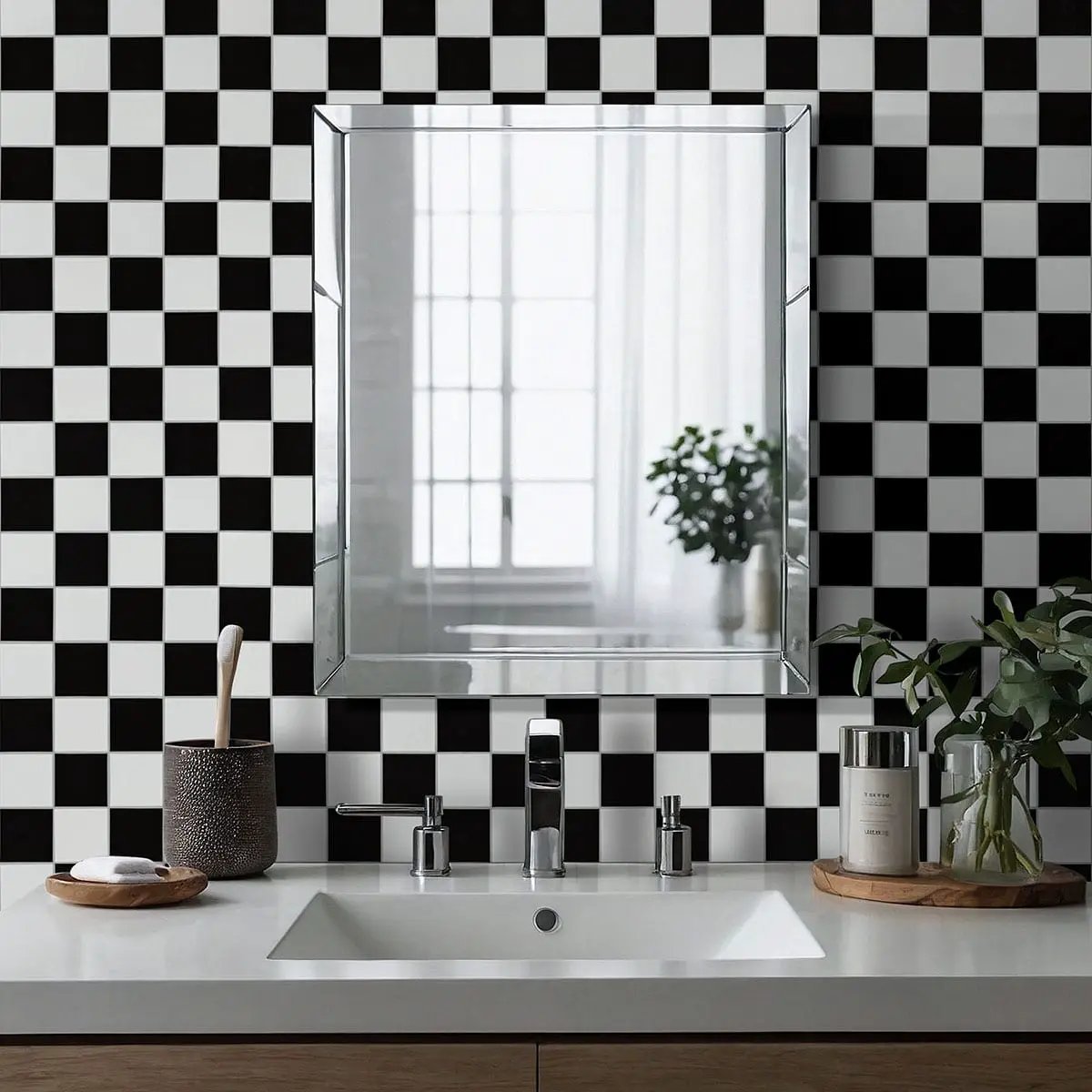 White And Black 4" Checkered Matte Porcelain Mosaics 4x4 in a finished room