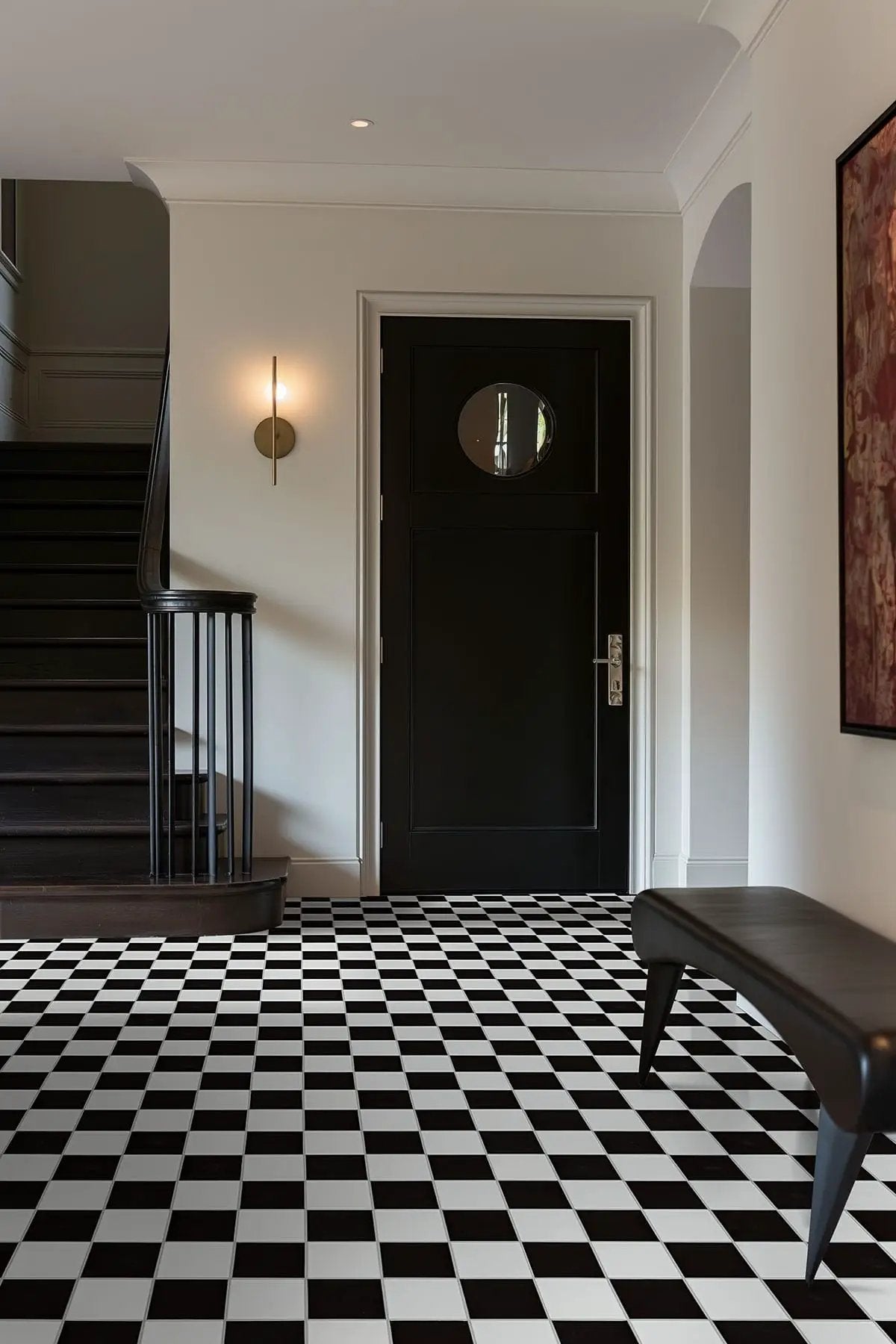 White And Black 4" Checkered Matte Porcelain Mosaics 4x4 in a finished room