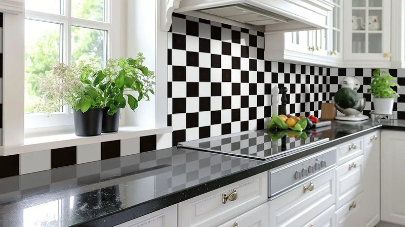 White And Black 4" Checkered Matte Porcelain Mosaics 4x4 in a finished room