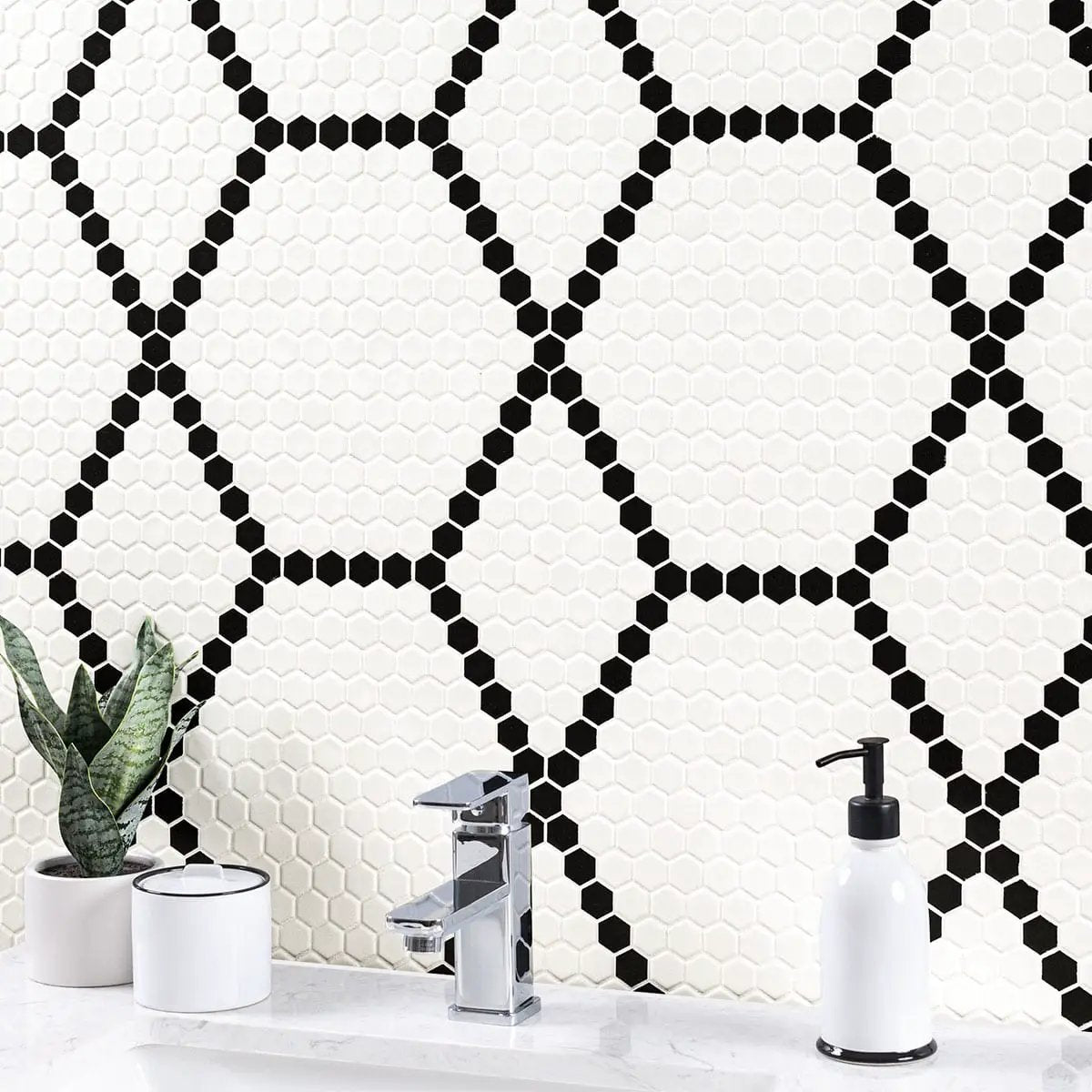 White And Black Hive Pattern Matte Porcelain Mosaics in a finished room