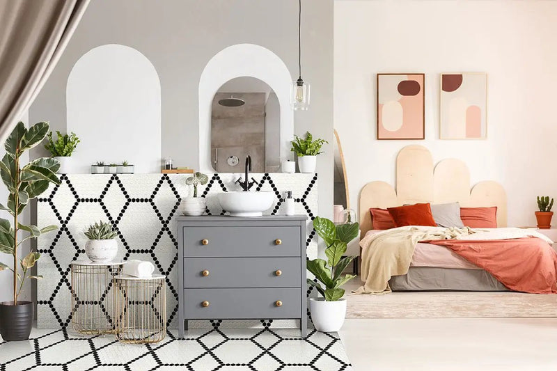 White And Black Hive Pattern Matte Porcelain Mosaics in a finished room