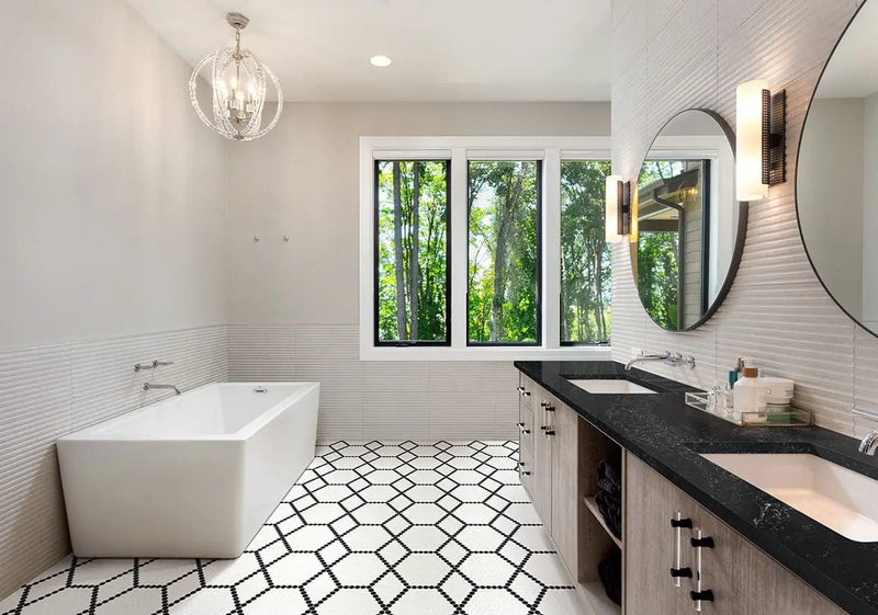 White And Black Hive Pattern Matte Porcelain Mosaics in a finished room