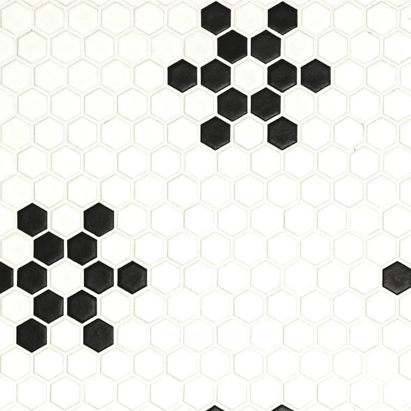 White And Black Mod Petal Pattern Matte Porcelain Mosaics close up