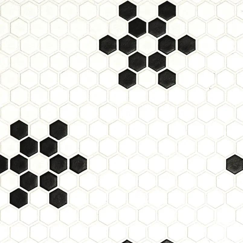 White And Black Mod Petal Pattern Matte Porcelain Mosaics close up