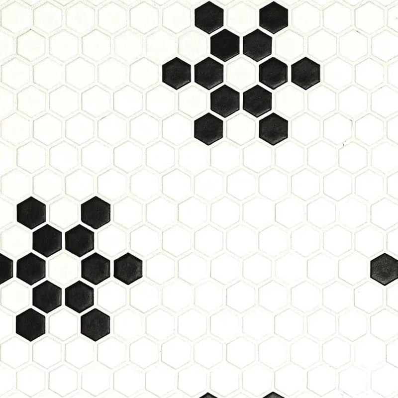 White And Black Mod Petal Pattern Matte Porcelain Mosaics close up
