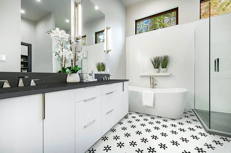 White And Black Mod Petal Pattern Matte Porcelain Mosaics in a finished room