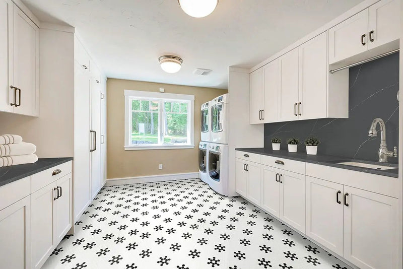 White And Black Mod Petal Pattern Matte Porcelain Mosaics in a finished room